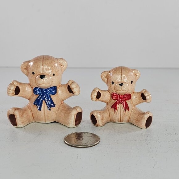 Vintage Ceramic Teddy Bear Miniature Figurine Set Red Blue Ribbon - Picture 2 of 8